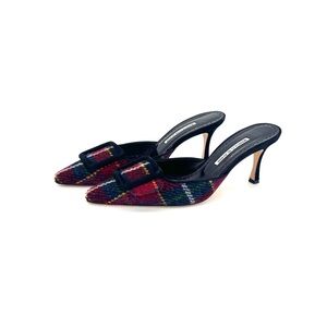Manolo Blahnik Maysale Plaid Tweed Slip On Kitten Heel Mules 39.5